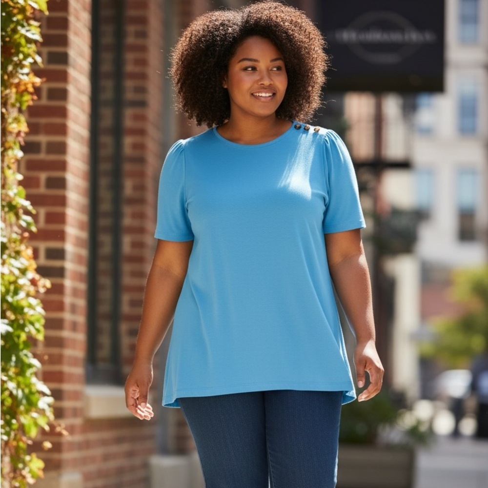 Ann Taylor Blue Women's Top with Button Detail
Round Neck Short Sleeve EUC Sz L